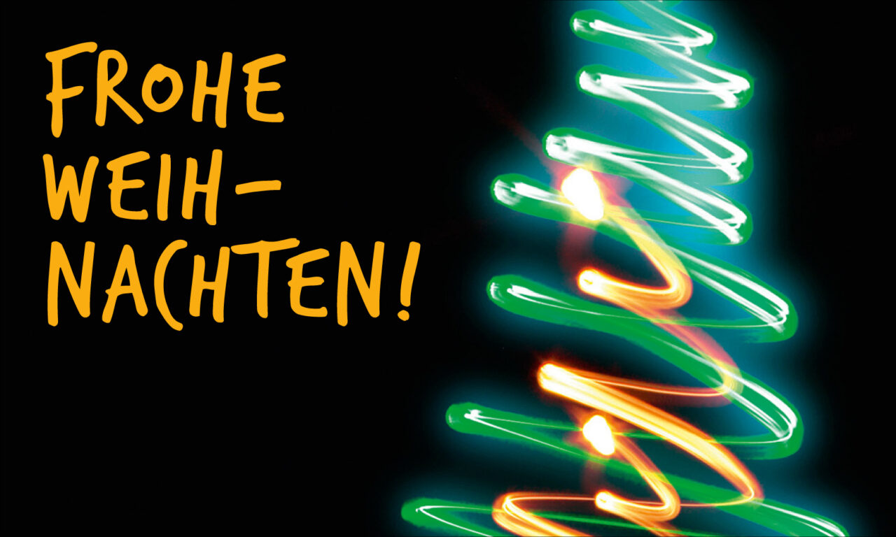 Motiv-Text: Frohe Weihnachten! Stilisierter Weihnachtsbaum mit kreisenden, sich nach oben verjüngenden, grün und gelb leuchtenden Neon-Linien.
