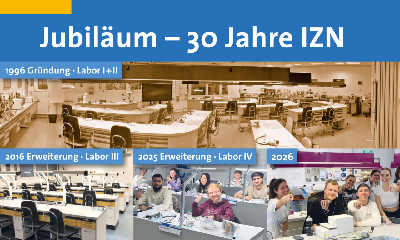 Oben Schrift Jubiläum – 30 Jahre IZN in gelb-blauem Balken. Darunter 4 Fotos jeweils mit Typo in blauem Balken: 1996 Gründung Labor I+II; 2016 Erweiterung Labor III; 2025 Erweiterung Labor IV mit Schülern; 2026 Großes Labor mit Schülern